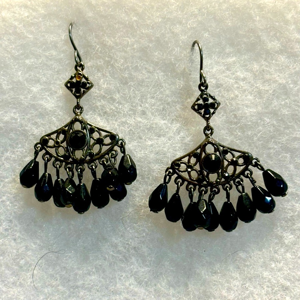 Vintage Style Black Beaded Chandelier Earrings in Gunmetal
